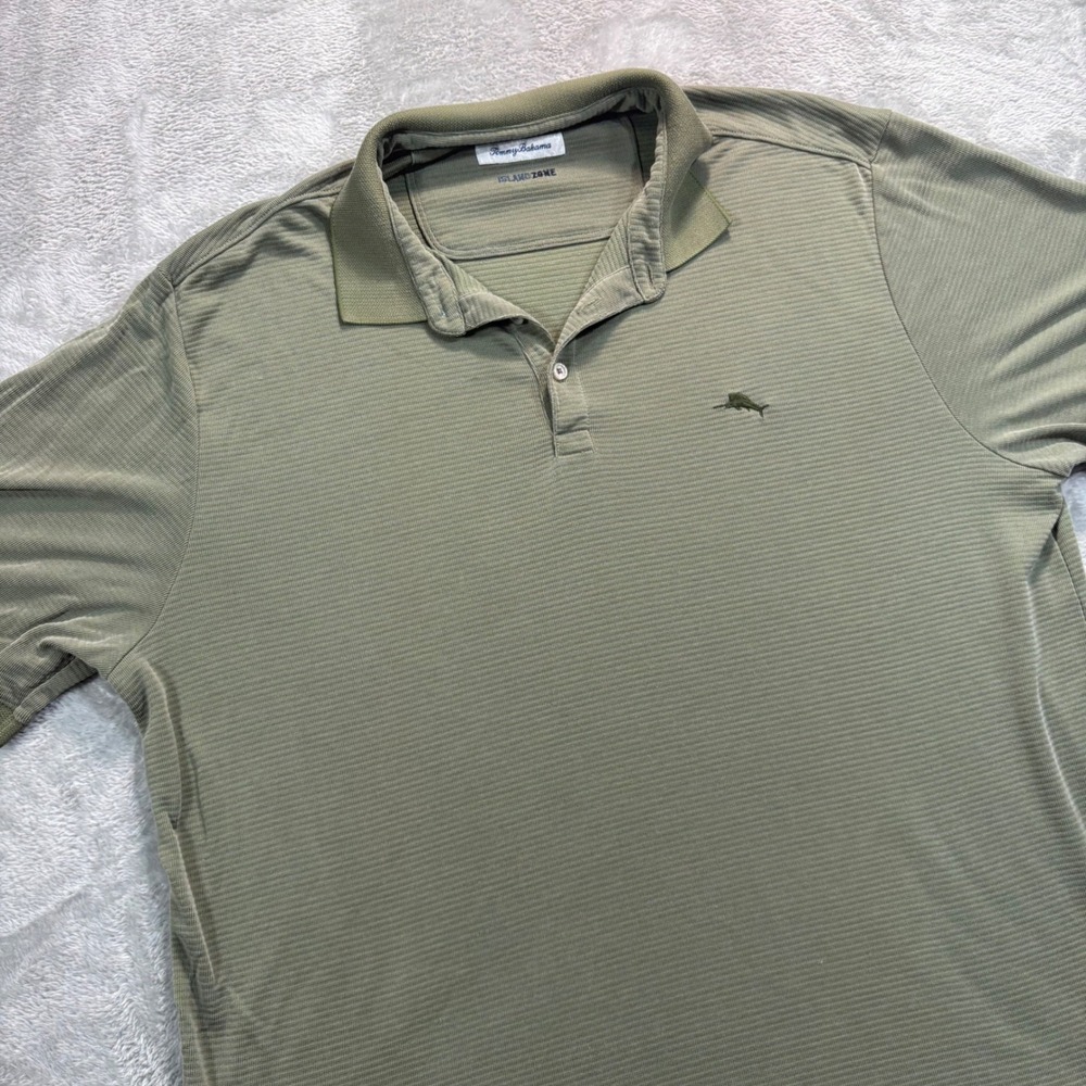 Tommy Bahama IslandZone Polo Mens XL Olive Green Striped Short Sleeve Marlin